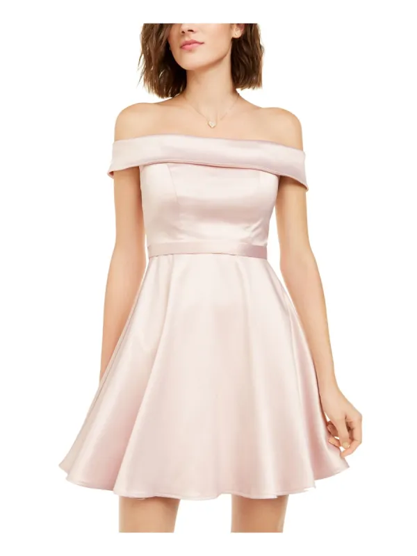 Sequin Hearts Women's Belted Zippered Short Sleeve Off Shoulder Mini Cocktail Fit Flare Dress Pink Size 1 sold by Ruumur