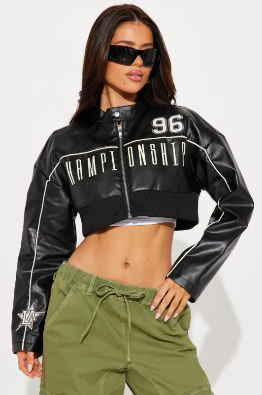 Champions Faux Leather Jacket - Black sold by Fashion Nova
