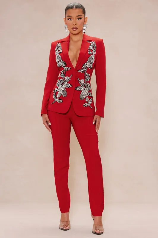 Elegant Embellished Blazer Suit Set - DarkRed sold by Fashion Nova