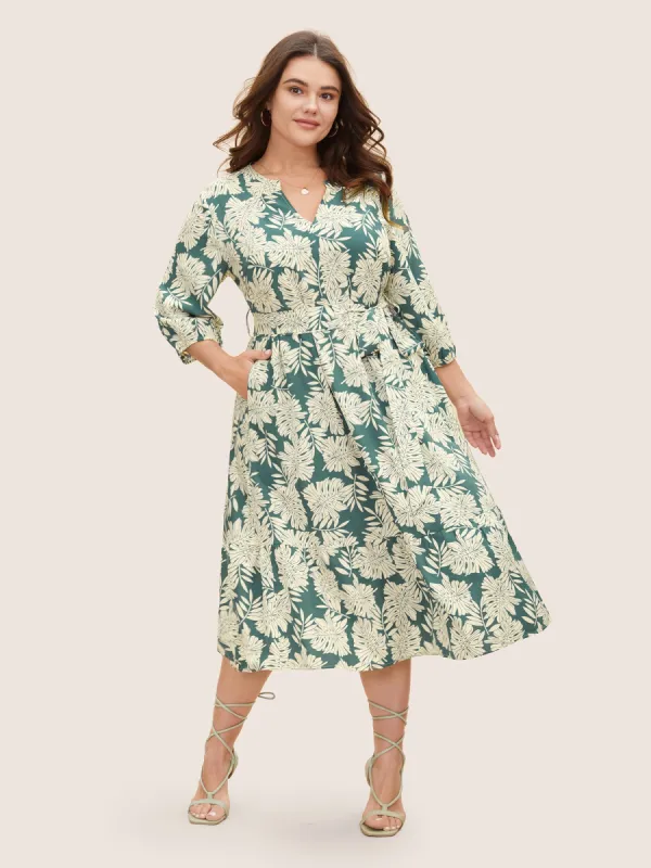 Tropical Print Belted Gathered Lantern Sleeve Dress sold by Bloomchic