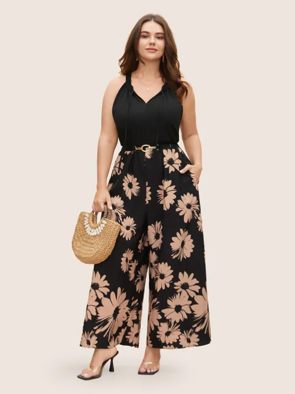 Floral Tie Knot Patchwork Frill Trim Jumpsuit sold by Bloomchic