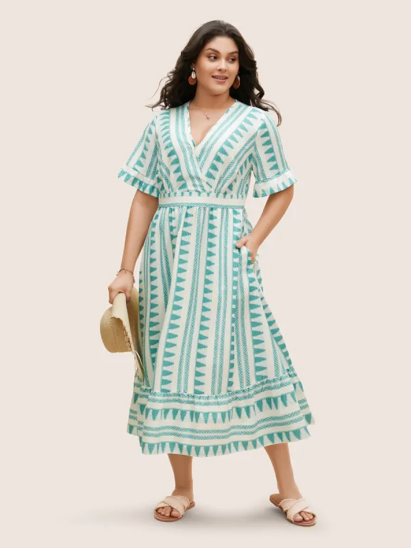 Bandana Striped Overlap Collar Flutter Hem Dress sold by Bloomchic