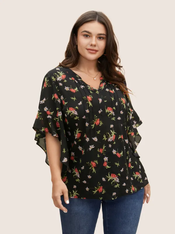 Notched Floral Pleated Ruffle Sleeve Blouse sold by Bloomchic