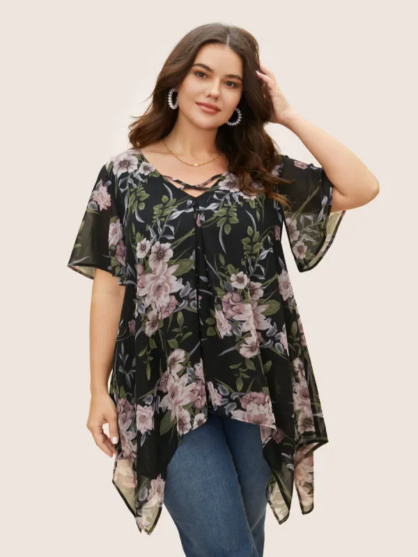 Chiffon Floral Crisscross Hanky Hem Blouse sold by Bloomchic
