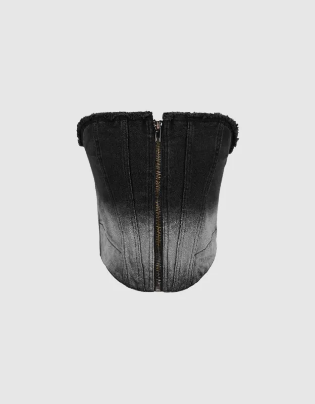 Zipper Front Raw Hem Denim Tube Top sold by Urban Revivo