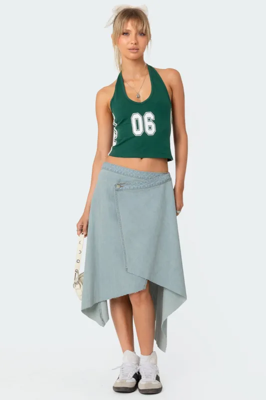 Asymmetric Wrapped Denim Midi Skirt sold by Edikted