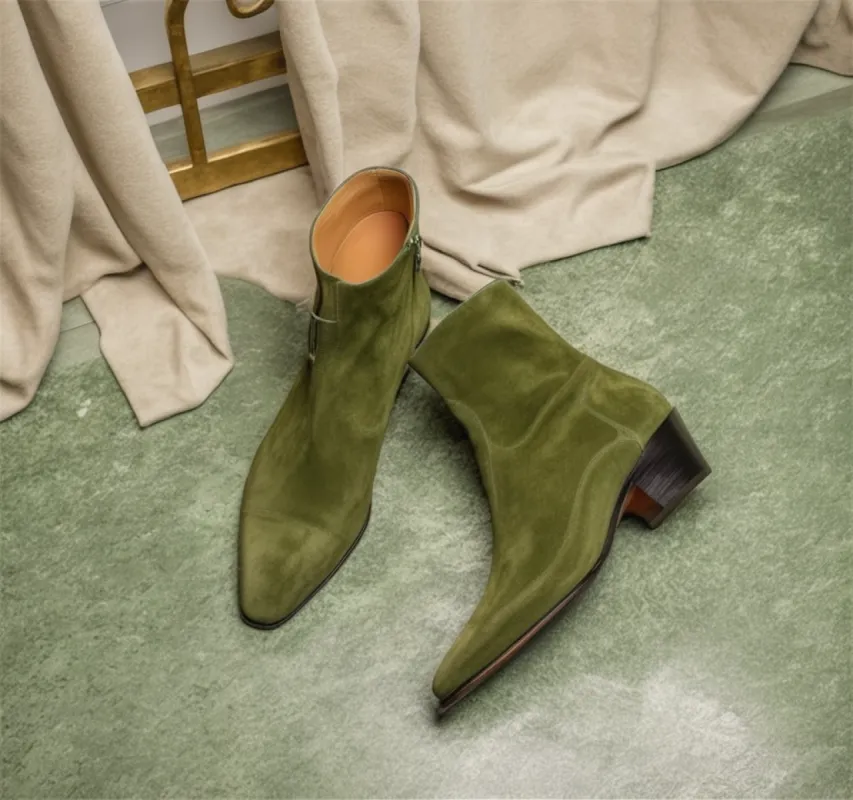 Green Suede Leather Lazzer Slip On Zipper Pointed Boots sold by Costoso Italiano