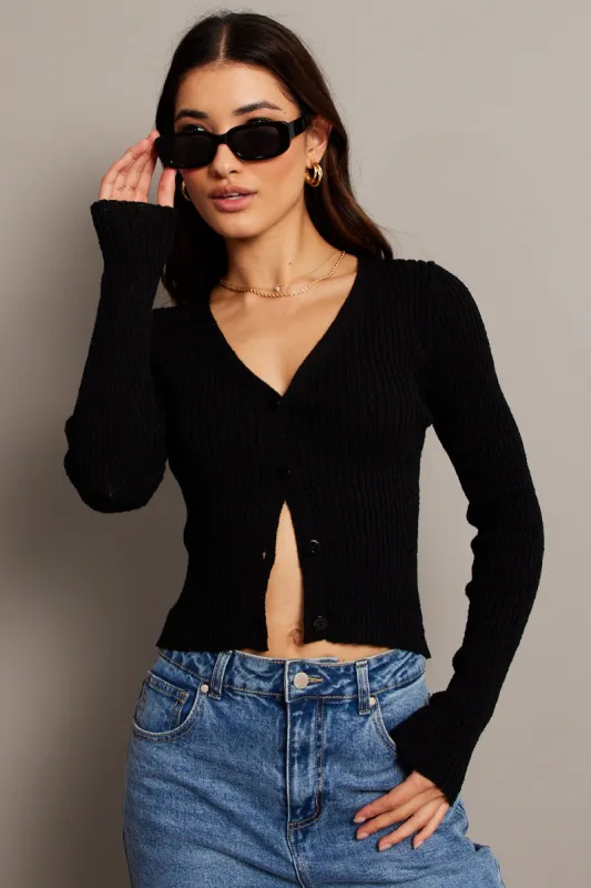 Black knit Cardigan Long Sleeve V Neck sold by Ally Fashion
