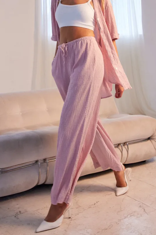 Pink Wide Leg Pants High Rise Textured Fabric sold by Ally Fashion