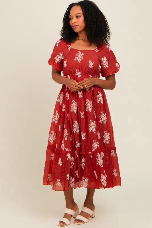 Rust Floral Print Ruffle Hem Midi Dress sold by Pinkblush