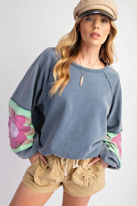 Navy Raw Edge Flower Patch Top sold by Pinkblush