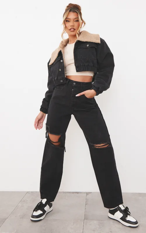 PRETTYLITTLETHING Washed Black Knee Rip Boyfriend Jeans sold by Pretty Little Thing