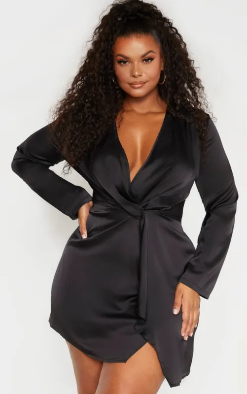 Plus Black Satin Long Sleeve Wrap Dress sold by Pretty Little Thing
