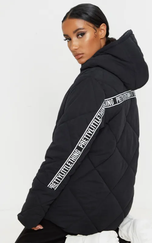 PRETTYLITTLETHING Black Peach Skin Diamond Quilted Oversized Puffer sold by Pretty Little Thing