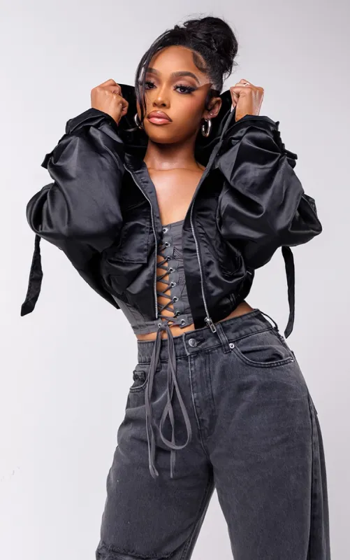 Black Satin Oversized Hooded Utility Bomber Jacket sold by Pretty Little Thing