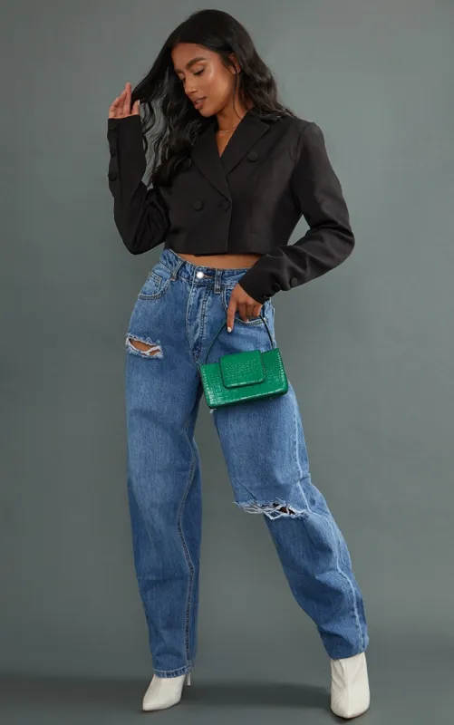 PRETTYLITTLETHING Petite Mid Blue Wash Open Knee Boyfriend Jeans sold by Pretty Little Thing