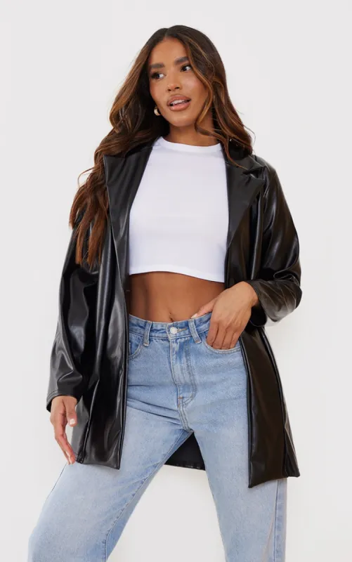 Black Longline Lapel Detail Faux Leather Blazer sold by Pretty Little Thing