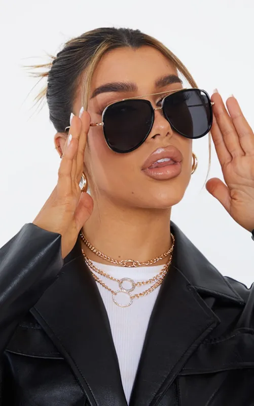 Black Oversized Gold Detail Aviator Sunglasses sold by Pretty Little Thing