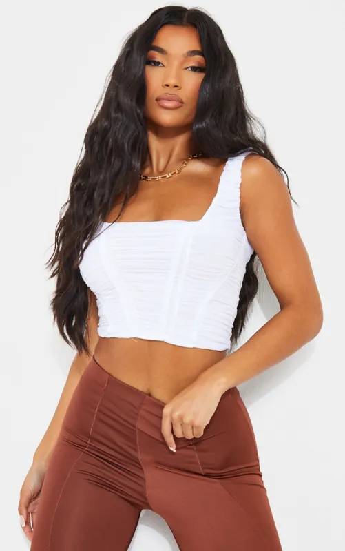 White Mesh Ruched Boned Cropped Corset sold by Pretty Little Thing