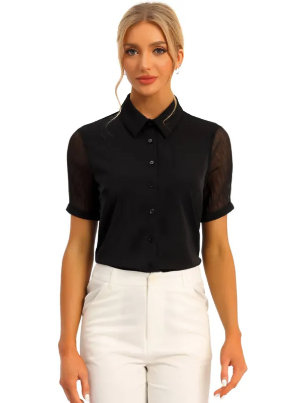 Allegra K- Button Down Sheer Point Collar Top sold by Reitmans