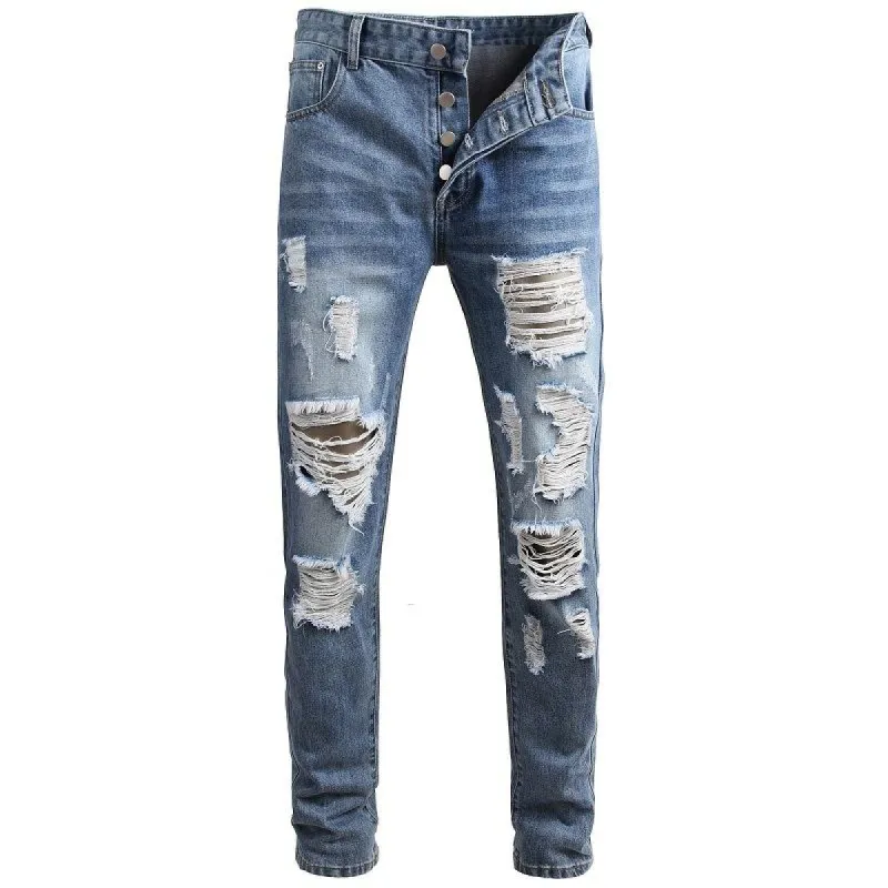 Men's Fashion Distressed Hole Slim Jeans 64867494Z sold by Manly