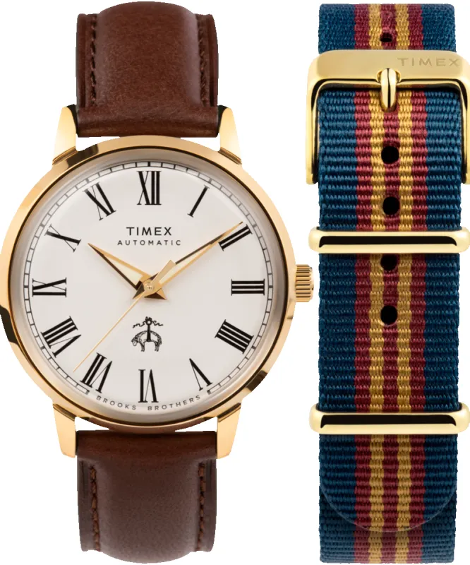 Timex x Brooks Brothers Gold Tone Marlin® Automatic 38mm Leather Strap and Fabric Strap Set sold by Timex