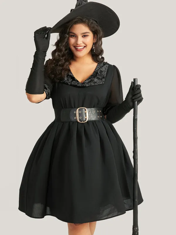 Halloween Plain Lapel Collar Lantern Sleeve Mesh Dress sold by Bloomchic