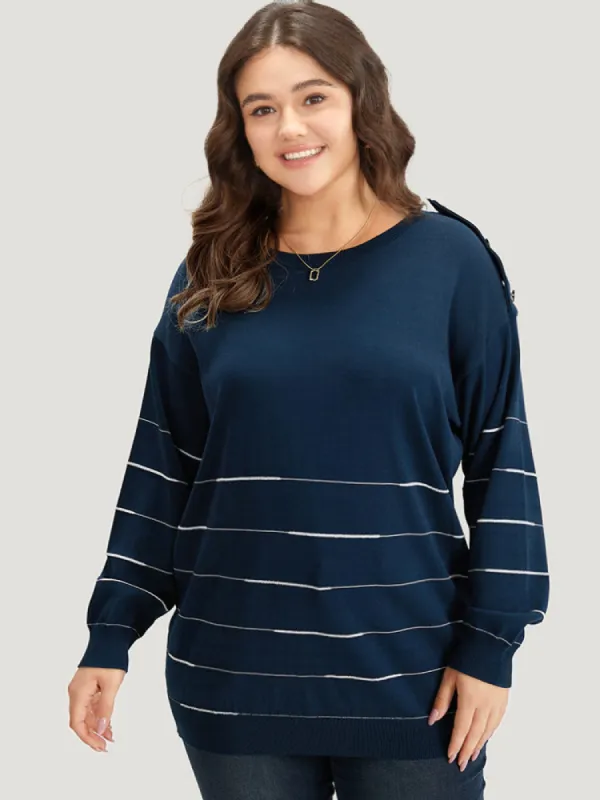 Striped Metal Button Detail Elastic Cuffs Pullover sold by Bloomchic