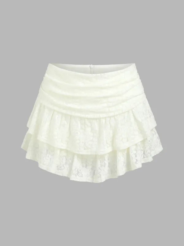 Ruched Floral Lace Knit Layered Mini Skort sold by Cider