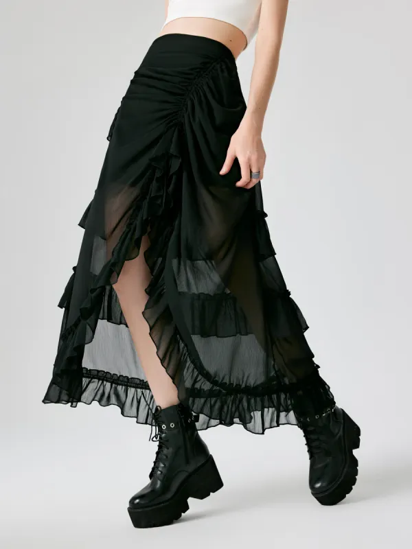 Ruffle Sheer High Waist Maxi Skirt sold by Cider