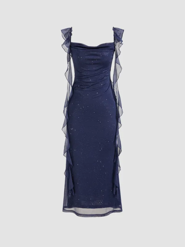 Cowl Neck Solid Sequin Ruffle Hem Maxi Dress sold by Cider