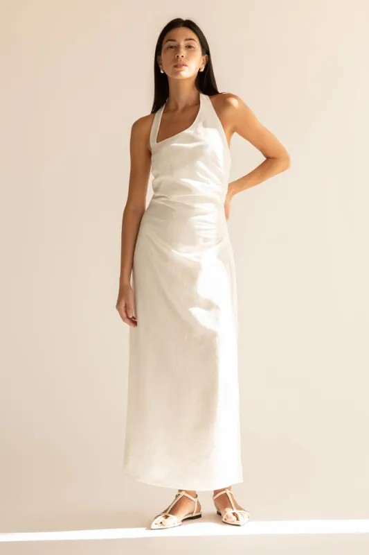 LINEN BLEND ASYMMETRIC HALTER MAXI DRESS sold by OAK AND FORT