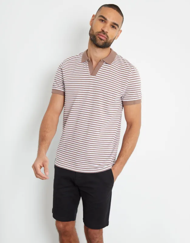 Brown & White Stripe Open Neck Collar Polo Shirt sold by Threadbare