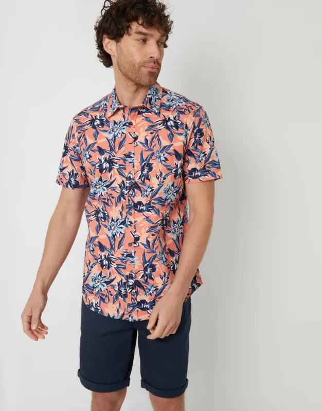 Peach Orange Floral Print Short Sleeve Shirt sold by Threadbare
