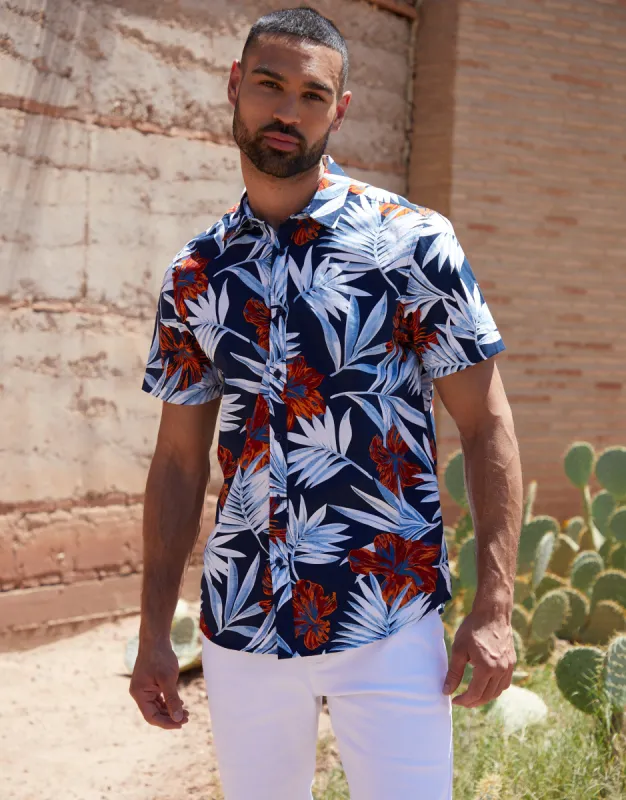 Threadbare Men's Navy Floral Print Short Sleeve Shirt sold by Threadbare