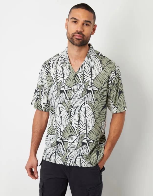 Tropical Leaf Print Revere Collar Short Sleeve Shirt sold by Threadbare