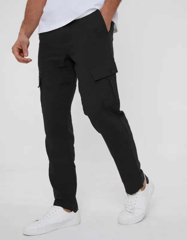 Black Linen Blend Cargo Trousers sold by Threadbare