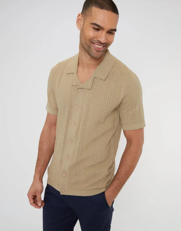 Men's Stone Revere Collar Short Sleeve Knitted Shirt sold by Threadbare