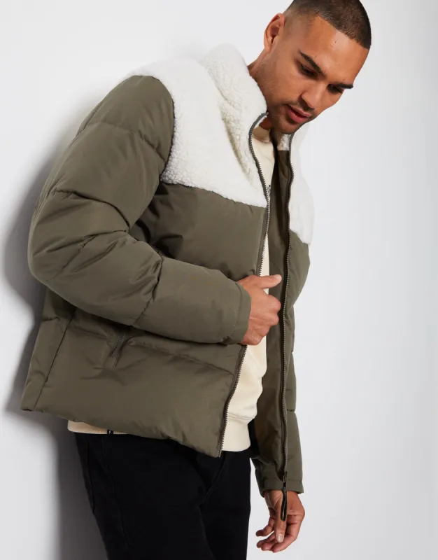 Men's Khaki Borg Panel Funnel Neck Puffer Jacket sold by Threadbare