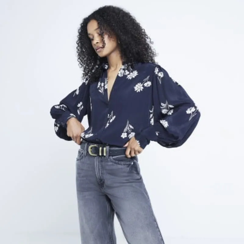 Black Floral Crew Neck Blouse sold by River Island