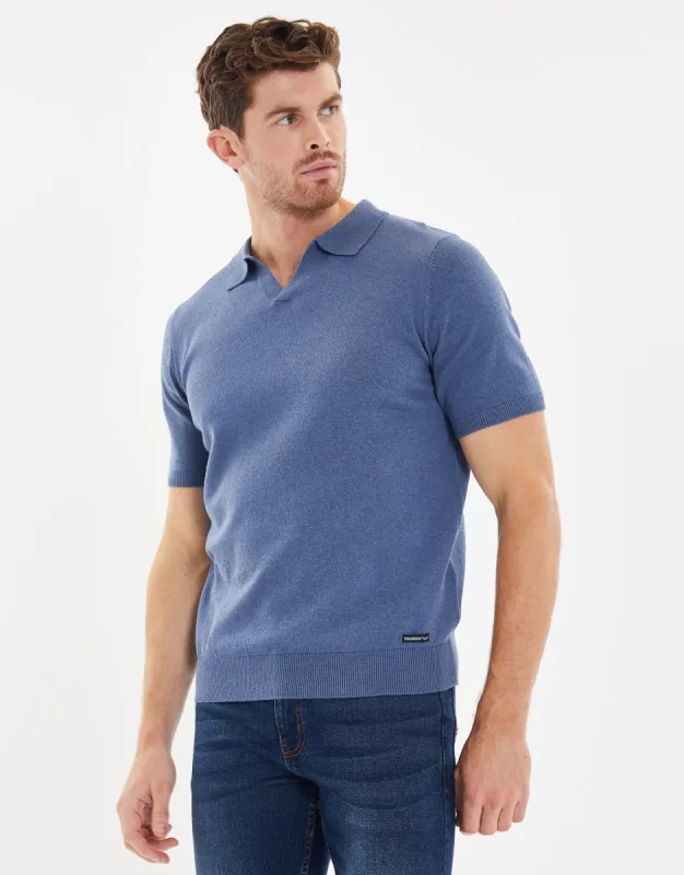 Men's Denim Blue Open Revere Collar Knitted Polo sold by Threadbare