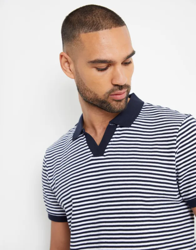 Navy & White Stripe Open Neck Collar Polo Shirt sold by Threadbare