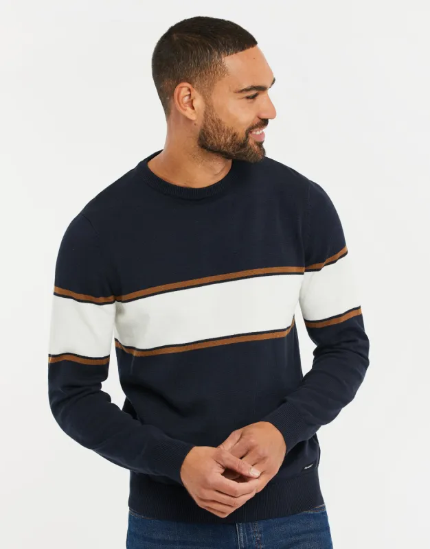 Men's Navy Colourblock Crew Neck Jumper sold by Threadbare