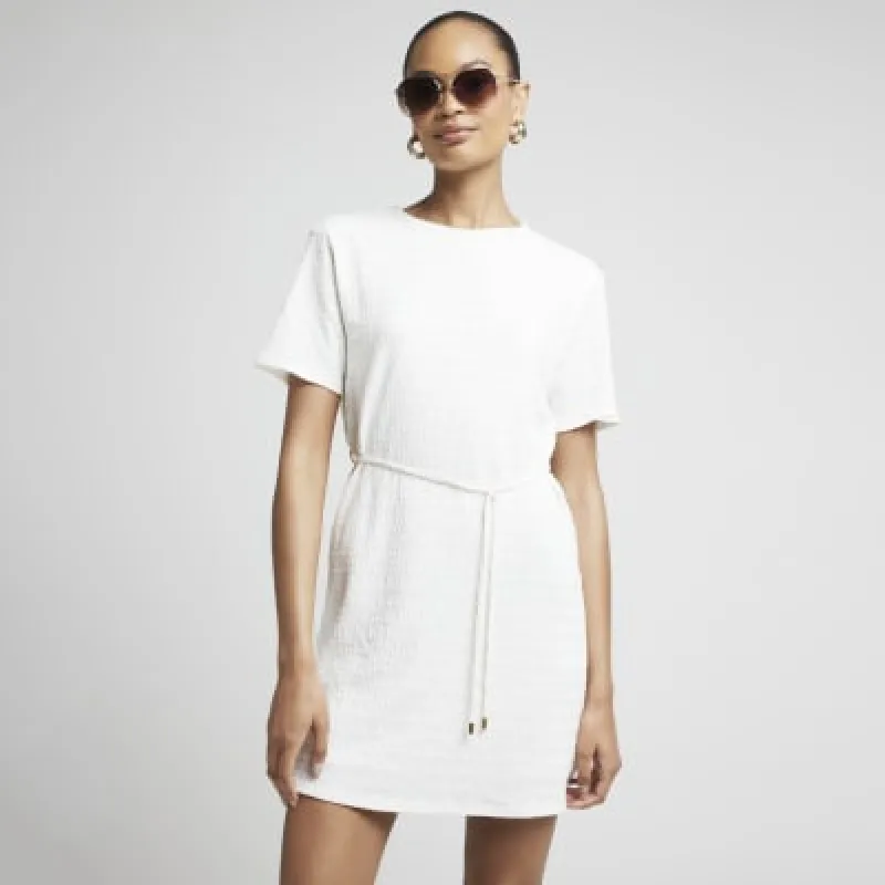 Cream textured belted t-shirt mini dress sold by River Island