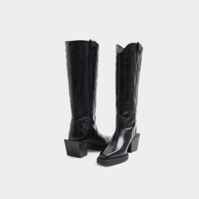 Black leather stitched cowboy western boots sold by River Island