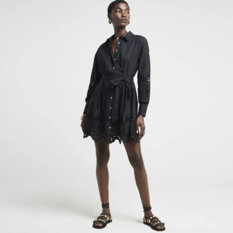 Black broderie belted mini shirt dress sold by River Island