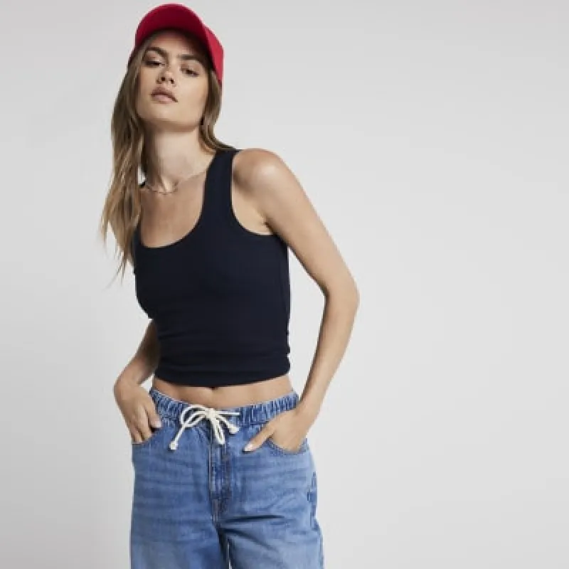 Navy ribbed scoop neck vest top sold by River Island