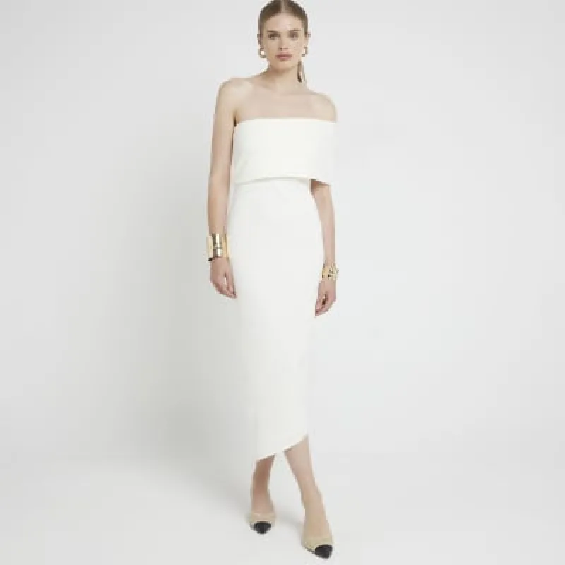 Cream asymmetric bodycon midi dress sold by River Island