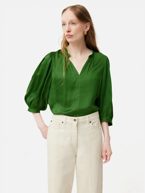 Cecily Satin Drape Top | Green sold by Jigsaw