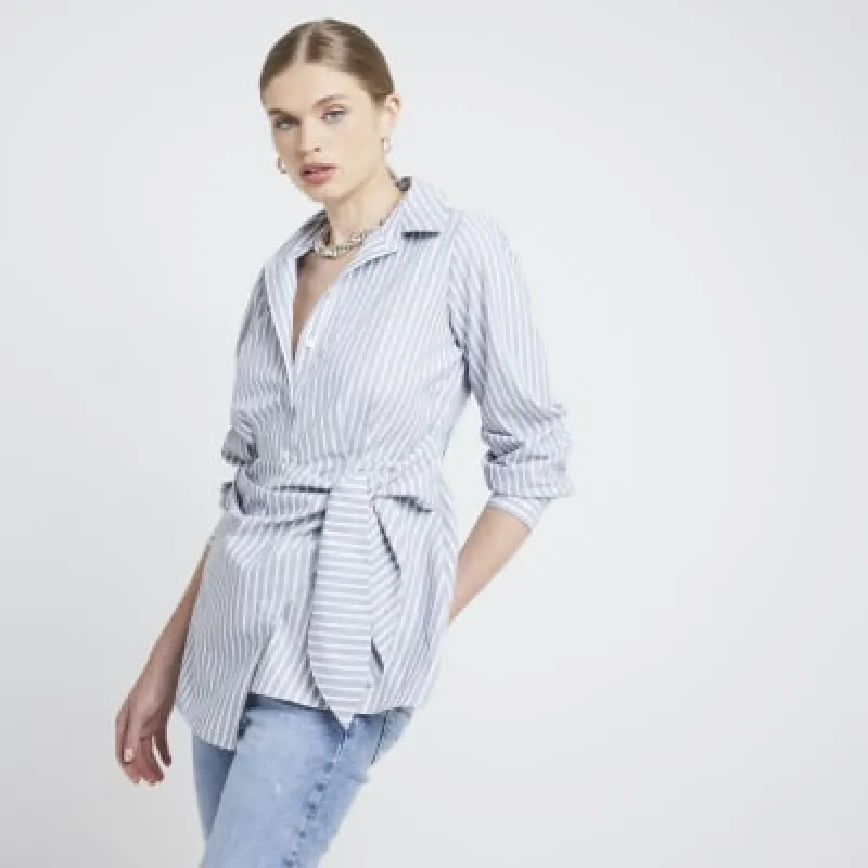 Grey Stripe Wrap Shirt sold by River Island
